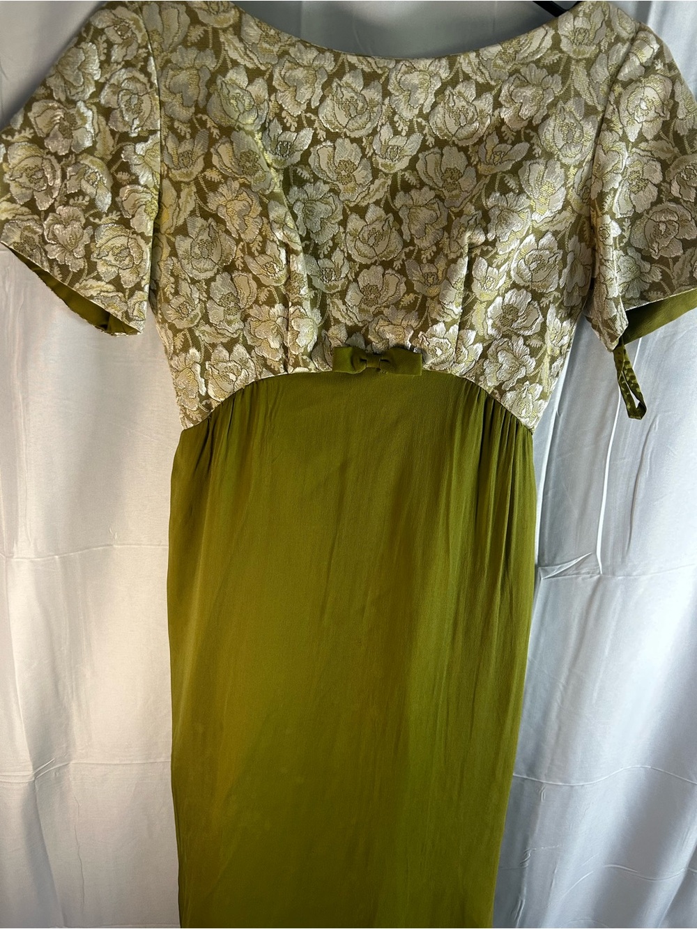Olive Green Floral Brocade Midi Dress with Bow Waist By Lorrie Deb (XXS-XS)